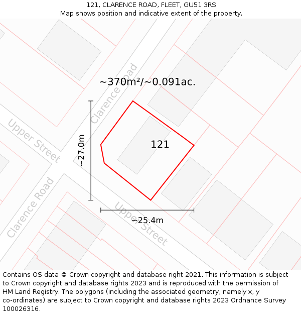 121, CLARENCE ROAD, FLEET, GU51 3RS: Plot and title map
