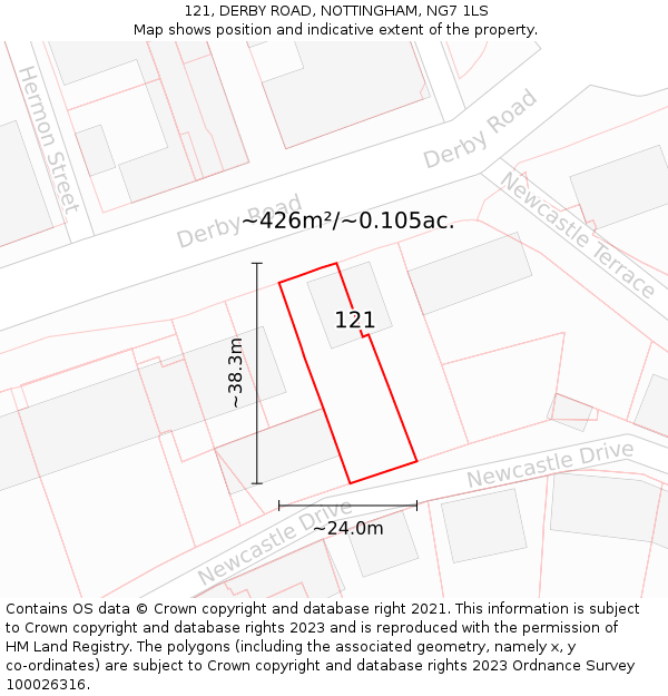 121, DERBY ROAD, NOTTINGHAM, NG7 1LS: Plot and title map