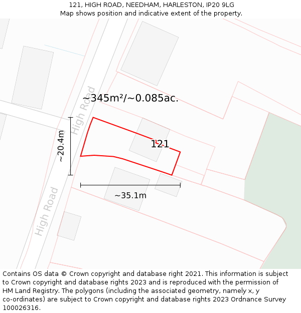 121, HIGH ROAD, NEEDHAM, HARLESTON, IP20 9LG: Plot and title map