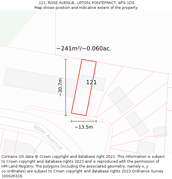 121, ROSE AVENUE, UPTON, PONTEFRACT, WF9 1DS: Plot and title map