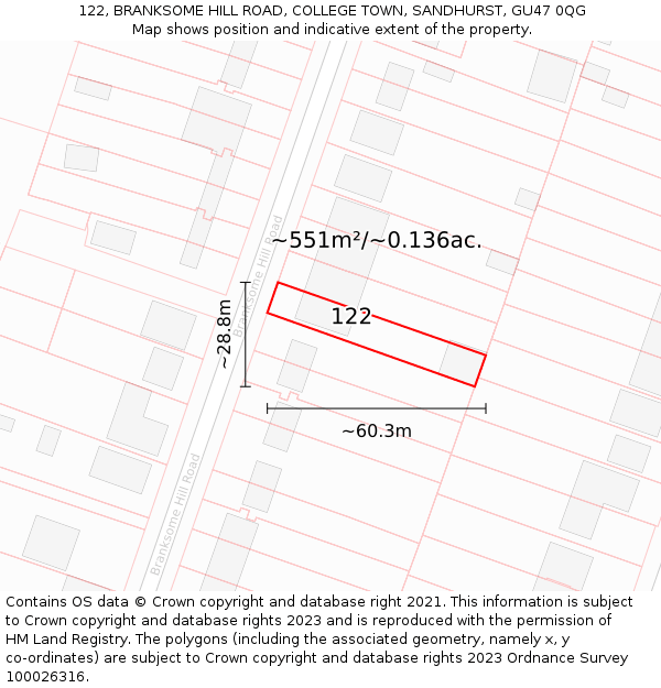 122, BRANKSOME HILL ROAD, COLLEGE TOWN, SANDHURST, GU47 0QG: Plot and title map