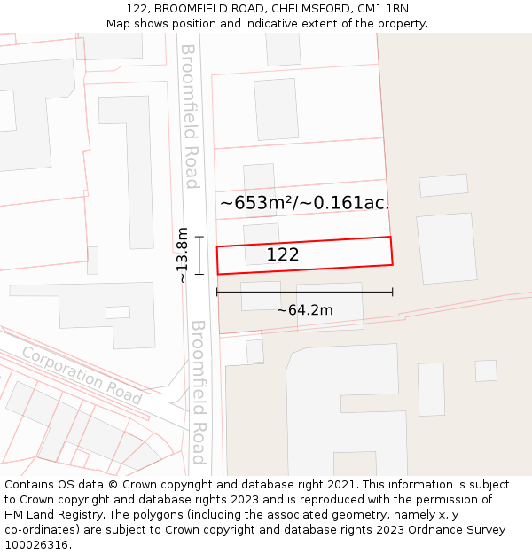 122, BROOMFIELD ROAD, CHELMSFORD, CM1 1RN: Plot and title map