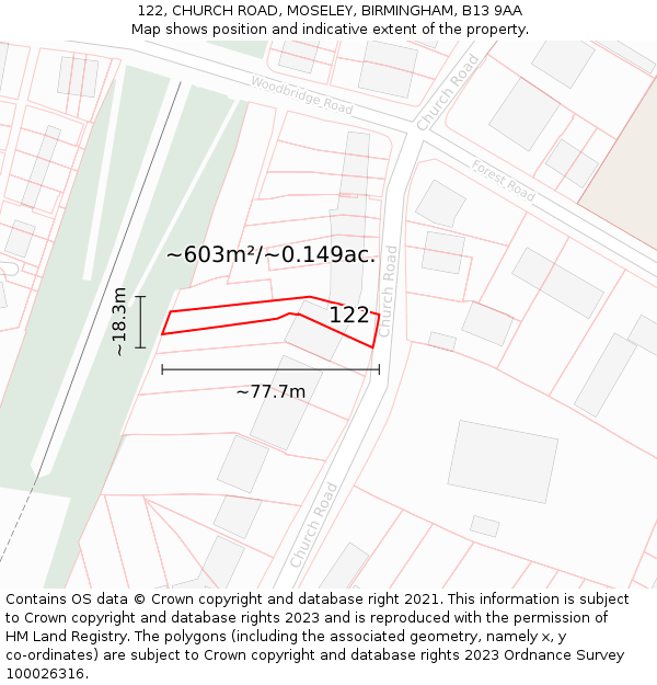 122, CHURCH ROAD, MOSELEY, BIRMINGHAM, B13 9AA: Plot and title map