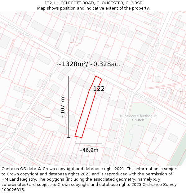 122, HUCCLECOTE ROAD, GLOUCESTER, GL3 3SB: Plot and title map