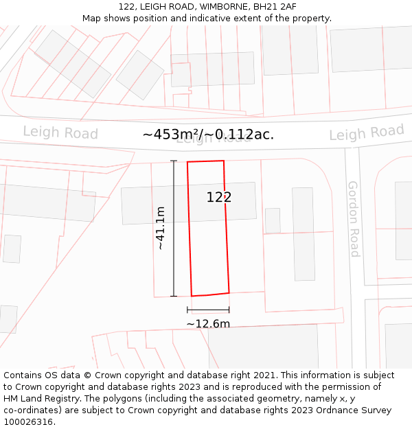 122, LEIGH ROAD, WIMBORNE, BH21 2AF: Plot and title map