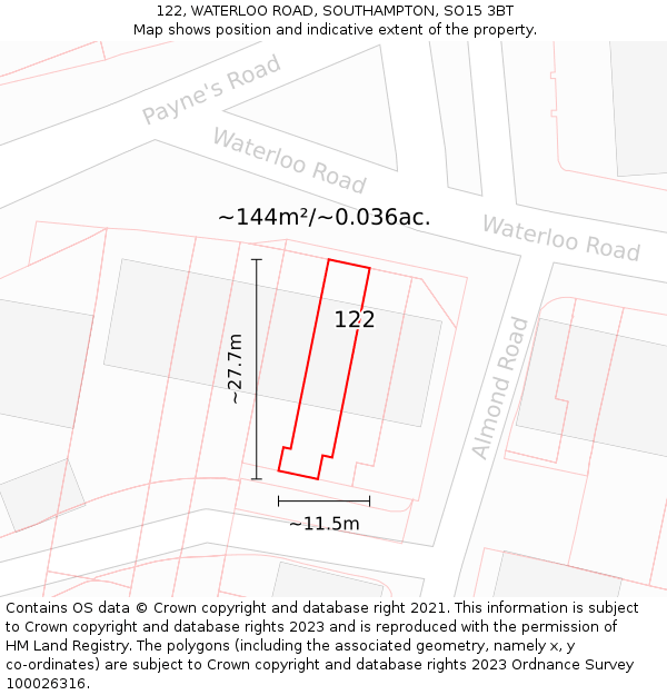 122, WATERLOO ROAD, SOUTHAMPTON, SO15 3BT: Plot and title map