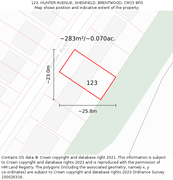 123, HUNTER AVENUE, SHENFIELD, BRENTWOOD, CM15 8PG: Plot and title map