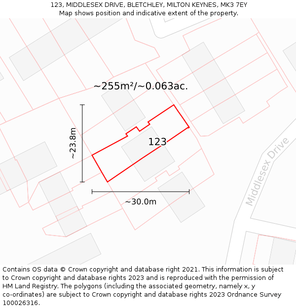 123, MIDDLESEX DRIVE, BLETCHLEY, MILTON KEYNES, MK3 7EY: Plot and title map