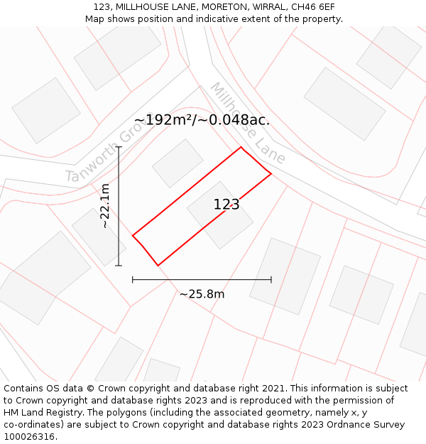 123, MILLHOUSE LANE, MORETON, WIRRAL, CH46 6EF: Plot and title map