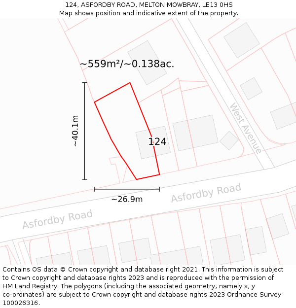 124, ASFORDBY ROAD, MELTON MOWBRAY, LE13 0HS: Plot and title map