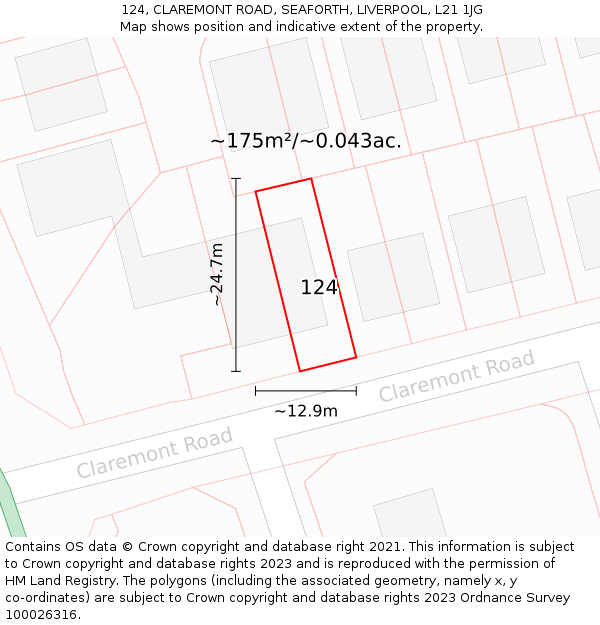 124, CLAREMONT ROAD, SEAFORTH, LIVERPOOL, L21 1JG: Plot and title map