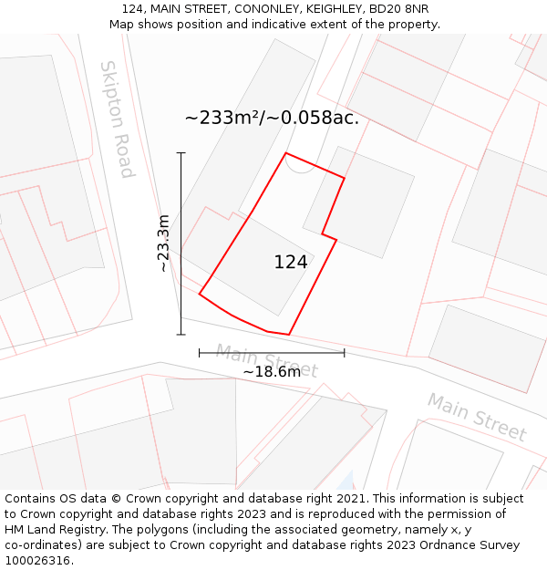 124, MAIN STREET, CONONLEY, KEIGHLEY, BD20 8NR: Plot and title map