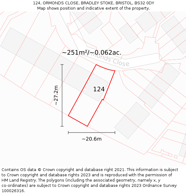 124, ORMONDS CLOSE, BRADLEY STOKE, BRISTOL, BS32 0DY: Plot and title map