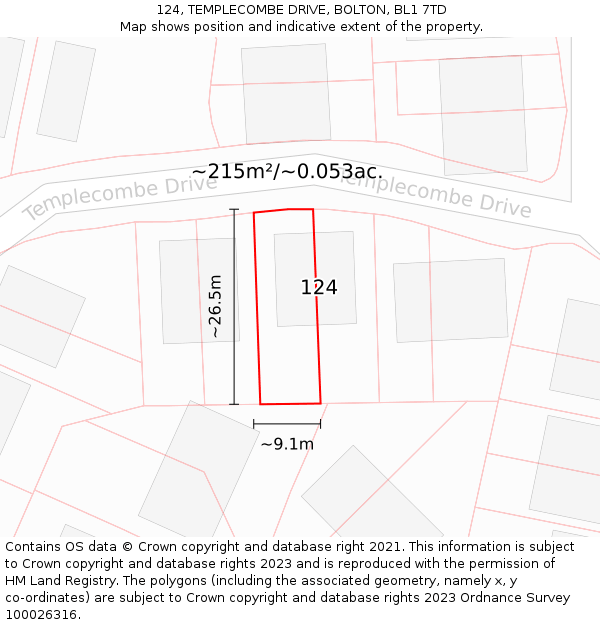 124, TEMPLECOMBE DRIVE, BOLTON, BL1 7TD: Plot and title map