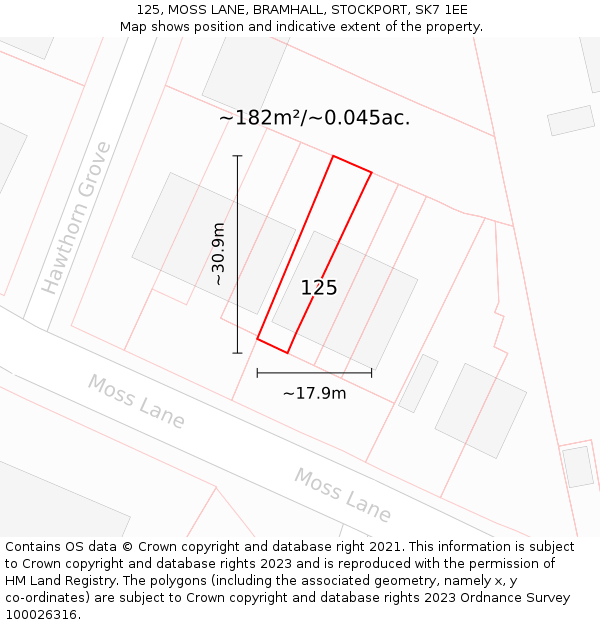 125, MOSS LANE, BRAMHALL, STOCKPORT, SK7 1EE: Plot and title map