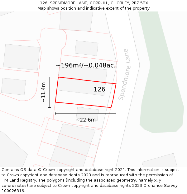 126, SPENDMORE LANE, COPPULL, CHORLEY, PR7 5BX: Plot and title map