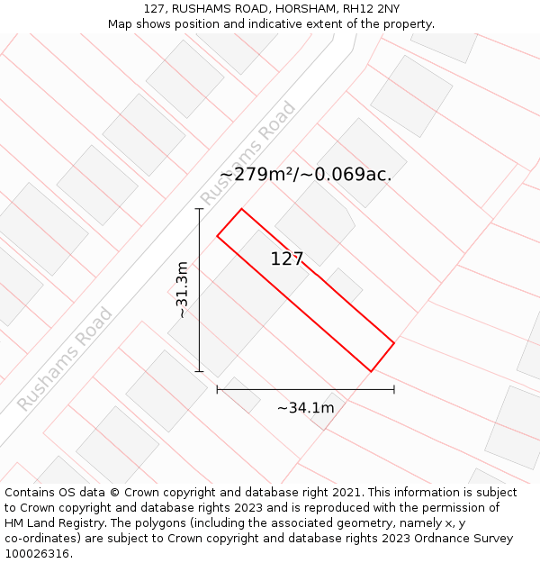 127, RUSHAMS ROAD, HORSHAM, RH12 2NY: Plot and title map