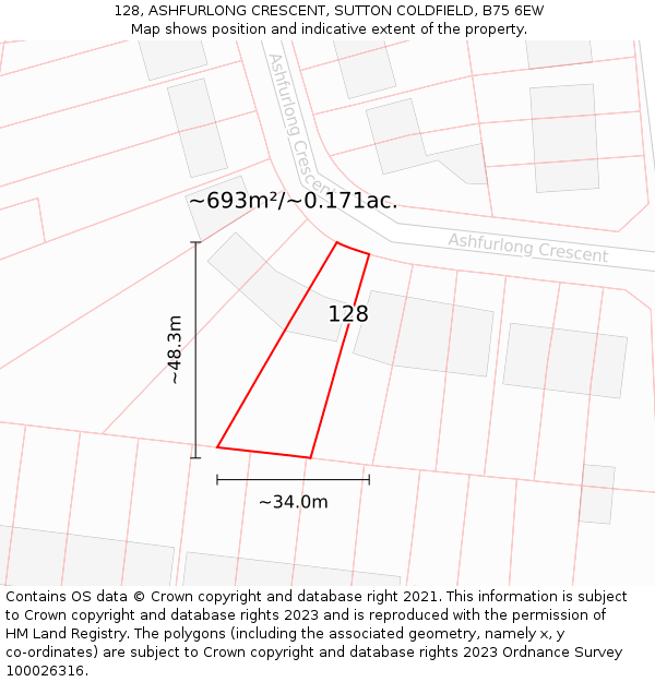 128, ASHFURLONG CRESCENT, SUTTON COLDFIELD, B75 6EW: Plot and title map