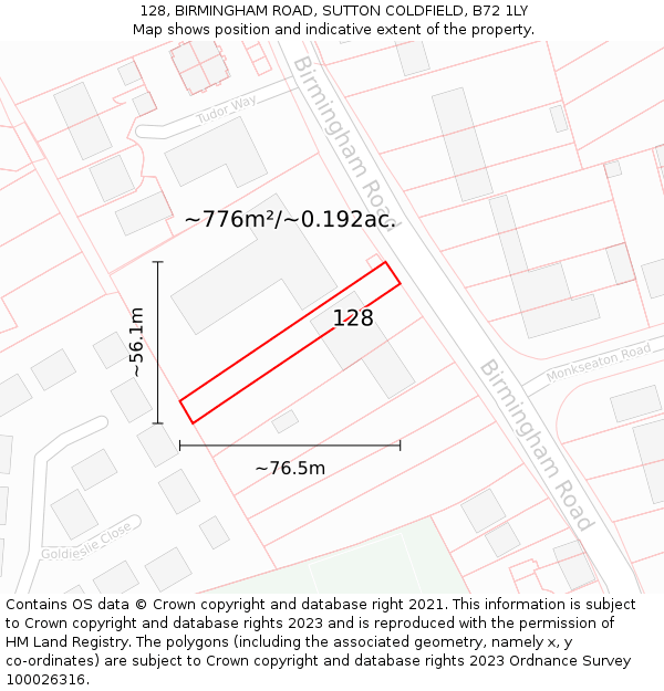 128, BIRMINGHAM ROAD, SUTTON COLDFIELD, B72 1LY: Plot and title map