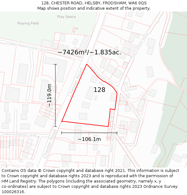 128, CHESTER ROAD, HELSBY, FRODSHAM, WA6 0QS: Plot and title map