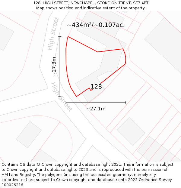 128, HIGH STREET, NEWCHAPEL, STOKE-ON-TRENT, ST7 4PT: Plot and title map