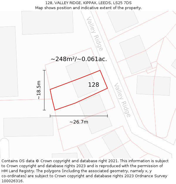 128, VALLEY RIDGE, KIPPAX, LEEDS, LS25 7DS: Plot and title map