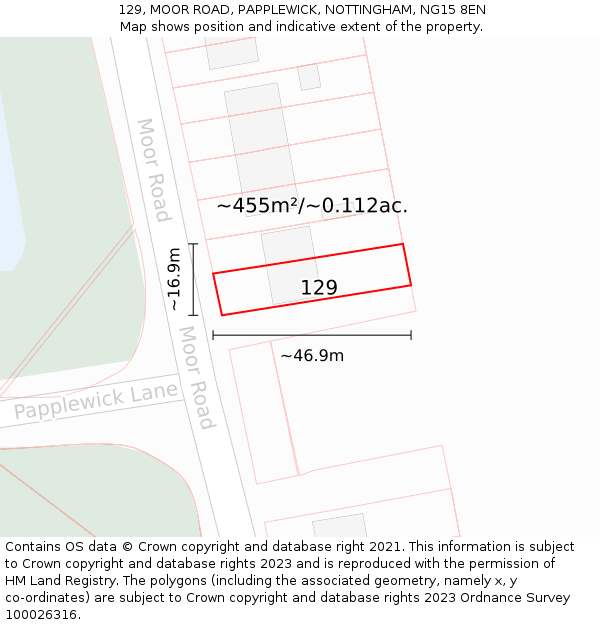 129, MOOR ROAD, PAPPLEWICK, NOTTINGHAM, NG15 8EN: Plot and title map