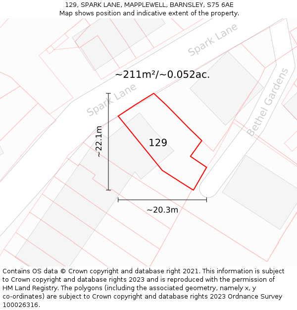 129, SPARK LANE, MAPPLEWELL, BARNSLEY, S75 6AE: Plot and title map