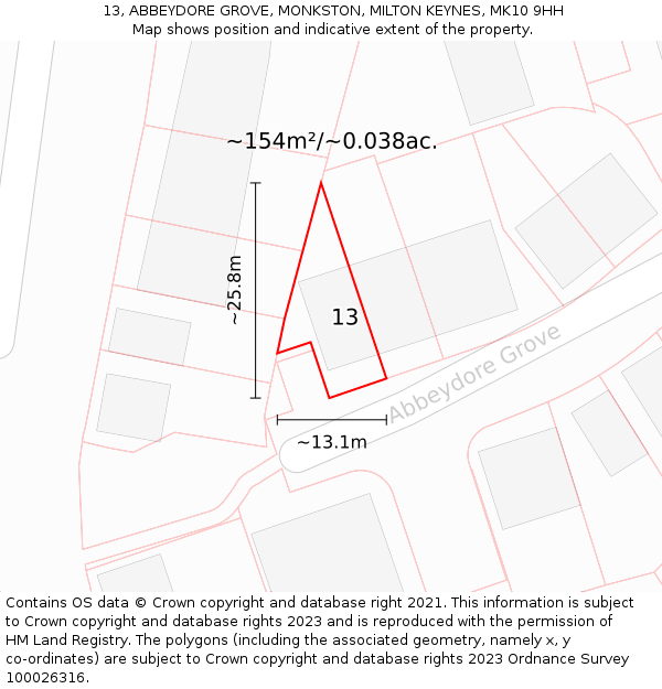 13, ABBEYDORE GROVE, MONKSTON, MILTON KEYNES, MK10 9HH: Plot and title map