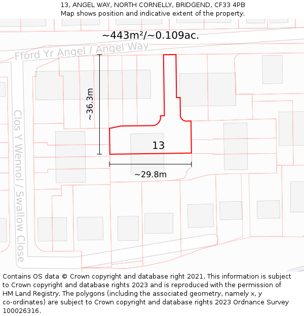 13, ANGEL WAY, NORTH CORNELLY, BRIDGEND, CF33 4PB: Plot and title map