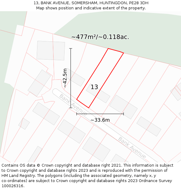 13, BANK AVENUE, SOMERSHAM, HUNTINGDON, PE28 3DH: Plot and title map