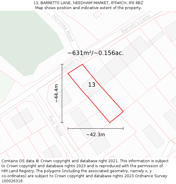 13, BARRETTS LANE, NEEDHAM MARKET, IPSWICH, IP6 8BZ: Plot and title map