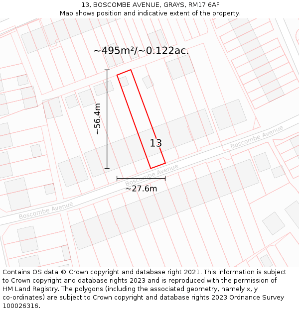 13, BOSCOMBE AVENUE, GRAYS, RM17 6AF: Plot and title map