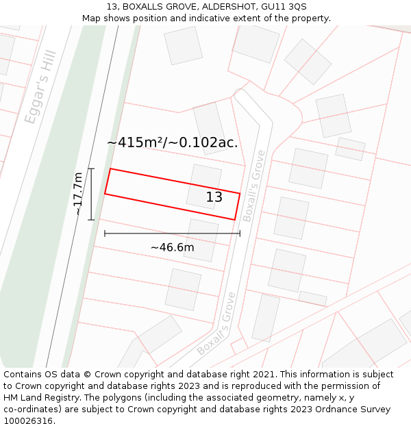 13, BOXALLS GROVE, ALDERSHOT, GU11 3QS: Plot and title map