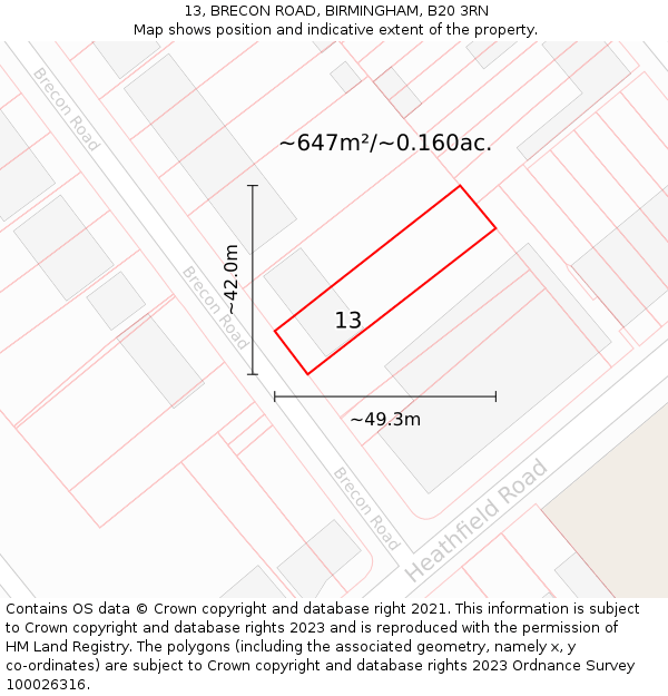 13, BRECON ROAD, BIRMINGHAM, B20 3RN: Plot and title map