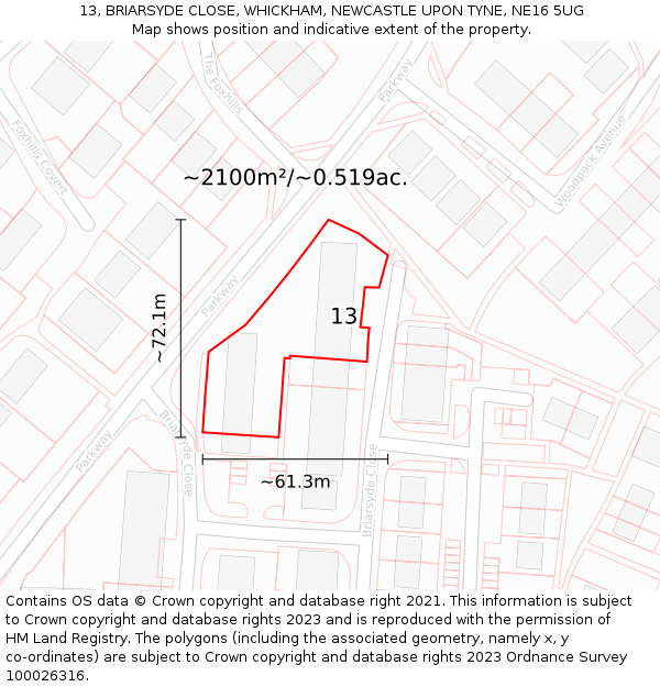 13, BRIARSYDE CLOSE, WHICKHAM, NEWCASTLE UPON TYNE, NE16 5UG: Plot and title map