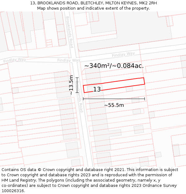 13, BROOKLANDS ROAD, BLETCHLEY, MILTON KEYNES, MK2 2RH: Plot and title map