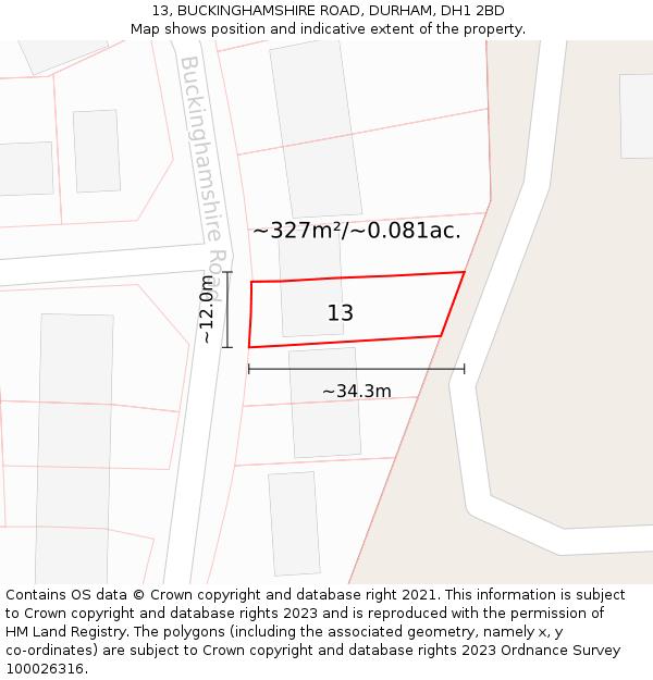 13, BUCKINGHAMSHIRE ROAD, DURHAM, DH1 2BD: Plot and title map
