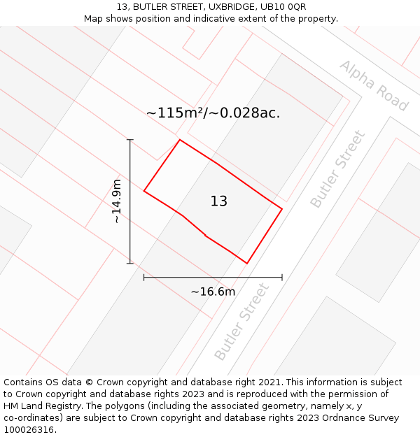 13, BUTLER STREET, UXBRIDGE, UB10 0QR: Plot and title map