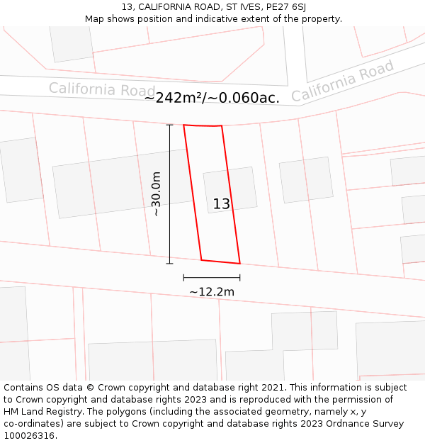 13, CALIFORNIA ROAD, ST IVES, PE27 6SJ: Plot and title map