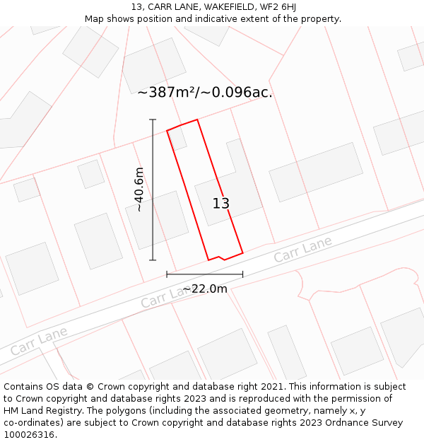 13, CARR LANE, WAKEFIELD, WF2 6HJ: Plot and title map