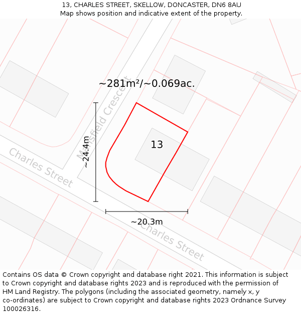 13, CHARLES STREET, SKELLOW, DONCASTER, DN6 8AU: Plot and title map