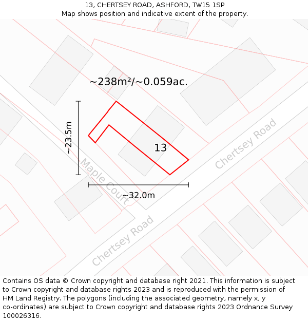 13, CHERTSEY ROAD, ASHFORD, TW15 1SP: Plot and title map