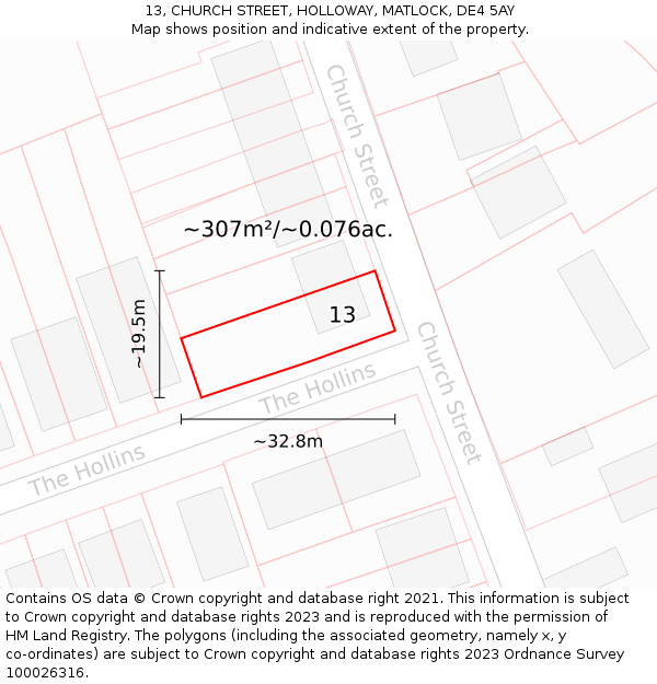 13, CHURCH STREET, HOLLOWAY, MATLOCK, DE4 5AY: Plot and title map