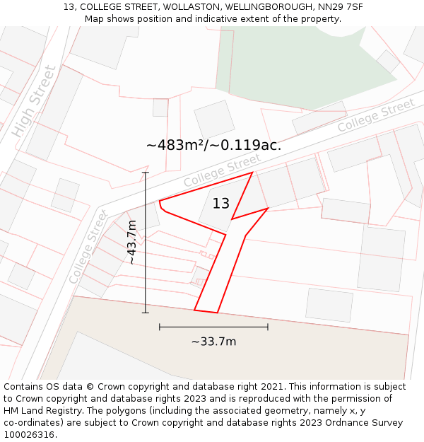 13, COLLEGE STREET, WOLLASTON, WELLINGBOROUGH, NN29 7SF: Plot and title map