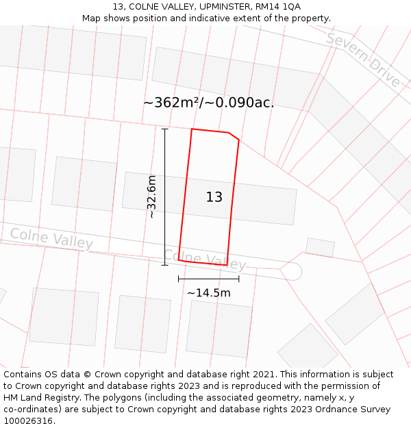 13, COLNE VALLEY, UPMINSTER, RM14 1QA: Plot and title map