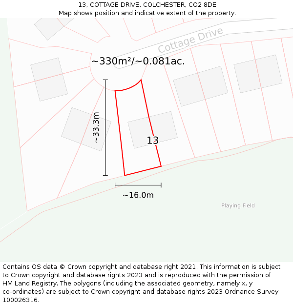 13, COTTAGE DRIVE, COLCHESTER, CO2 8DE: Plot and title map