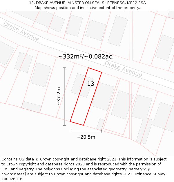 13, DRAKE AVENUE, MINSTER ON SEA, SHEERNESS, ME12 3SA: Plot and title map