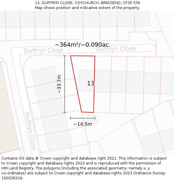 13, DUFFRYN CLOSE, COYCHURCH, BRIDGEND, CF35 5TA: Plot and title map