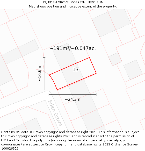 13, EDEN GROVE, MORPETH, NE61 2UN: Plot and title map